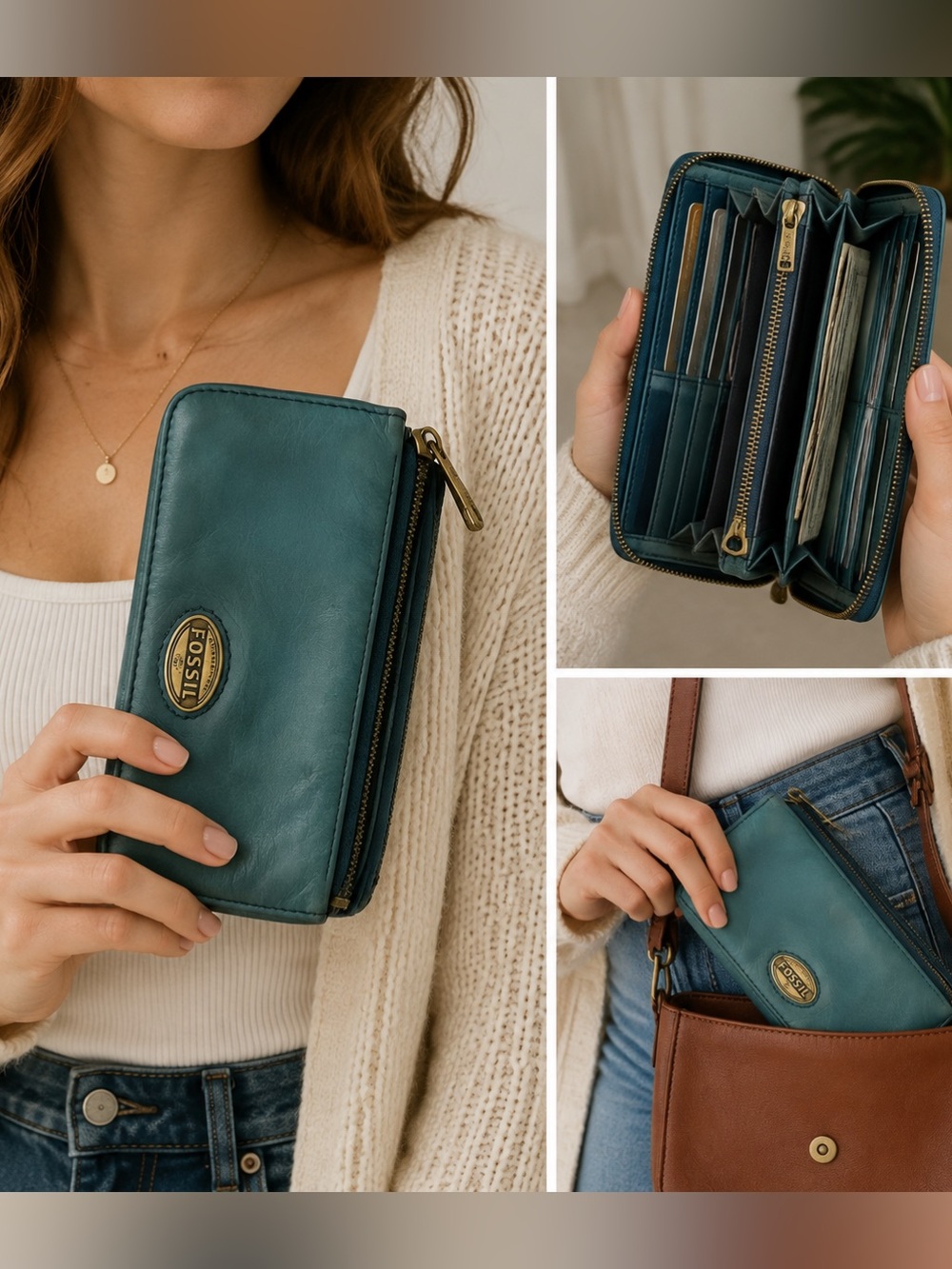 Fossil Genuine Leather Zip Around Wallet – Teal Blue Vintage Style